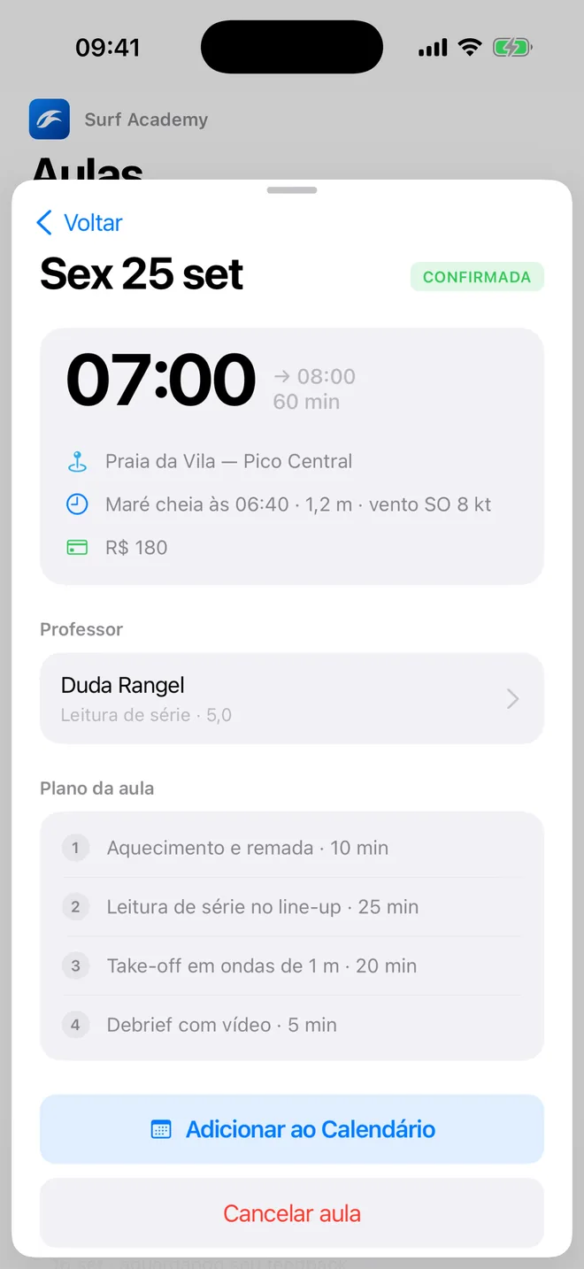 Tela do app com o detalhe da aula: horário, pico, maré, professor e plano da aula.