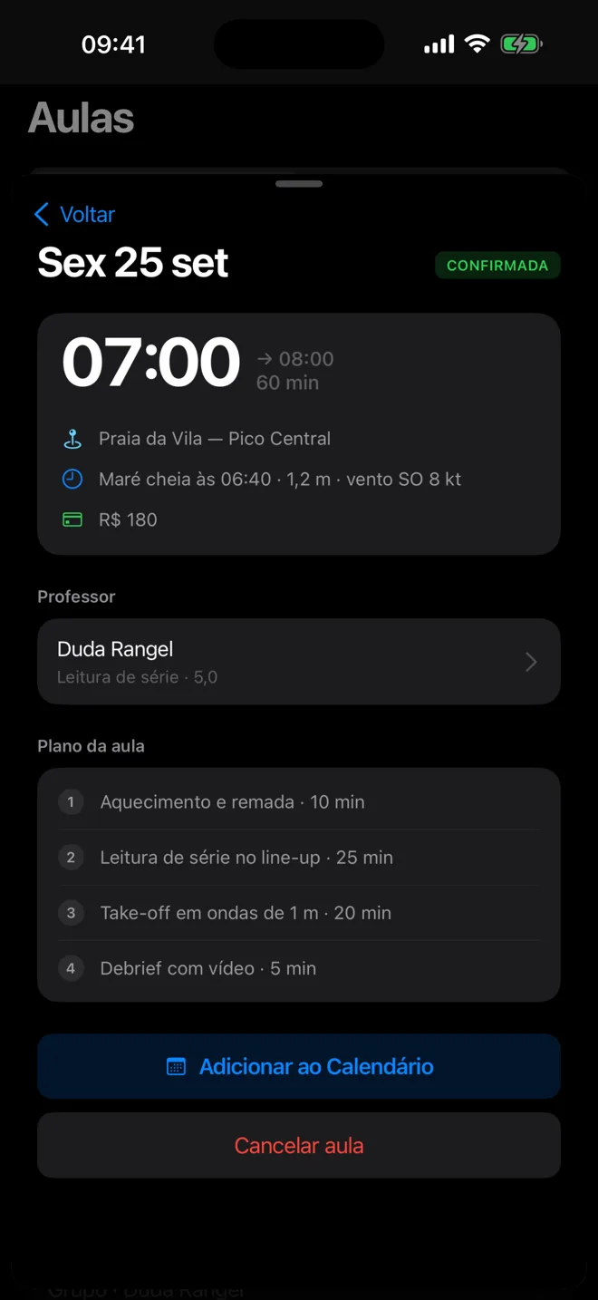 Tela do app com o detalhe da aula: horário, pico, maré, professor e plano da aula.