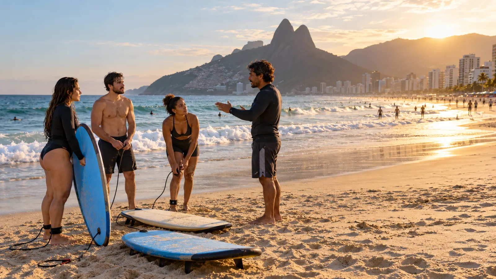 Instrutor orienta três alunos adultos na areia do Arpoador, com Dois Irmãos ao fundo. Imagem ilustrativa gerada por IA.
